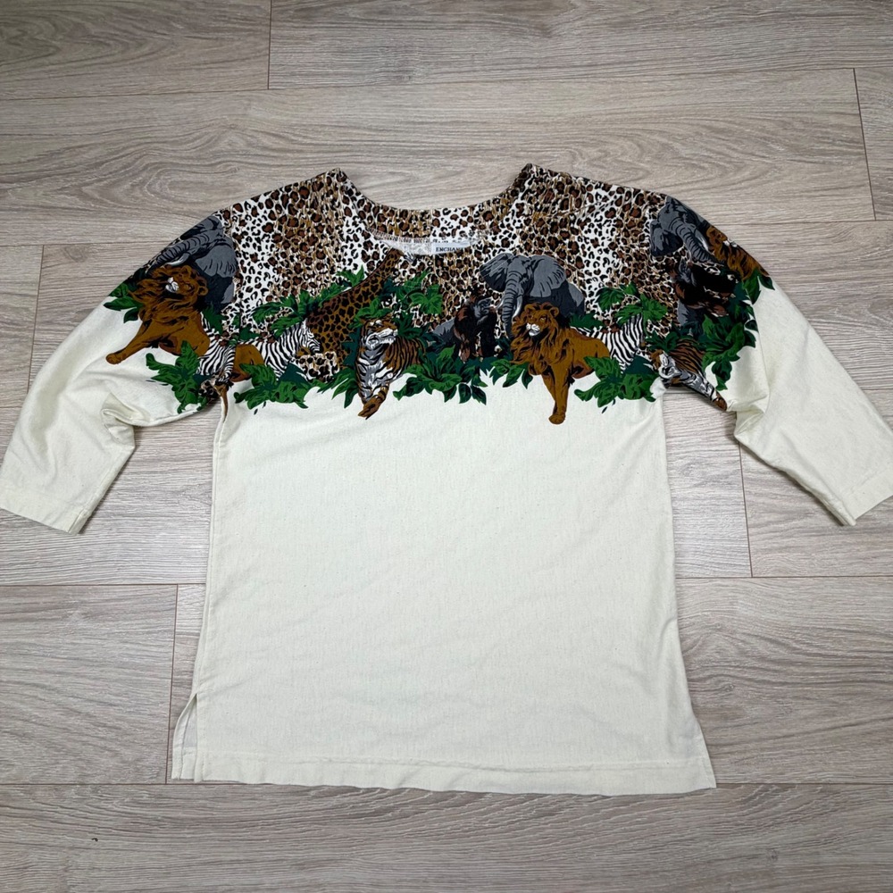 Vintage Enchante Sport Safari Animal Graphic‎ 3/4 Sleeve Top Cream Medium USA